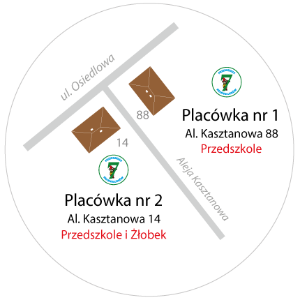 Mapa poglądowa położenia dwóch placówek Przedszkola 7 Krasnoludków: Al. Kasztanowa 88, Al. Kasztanowa 14